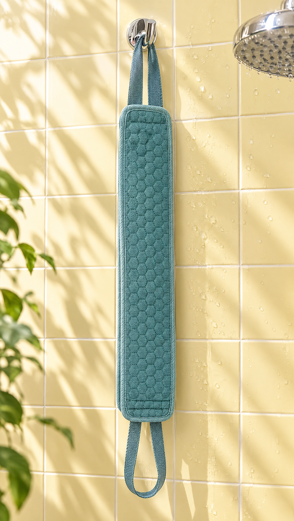 Sangle Liséa bleu-vert suspendue à un crochet de douche